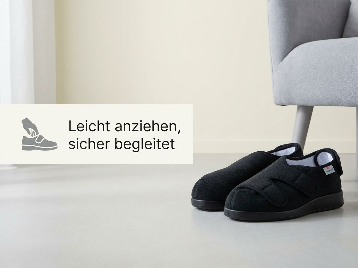 Paar Dublin XXL Verbandschuhe vor einem Sessel stehend.