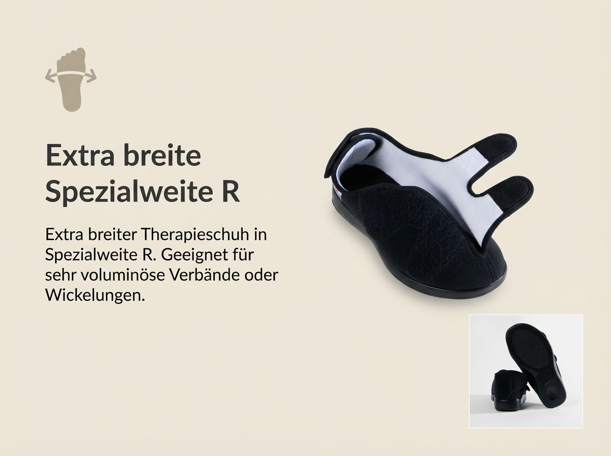 Geöffneter Dublin XXL Verbandschuh mit sichtbarem Innenfutter.