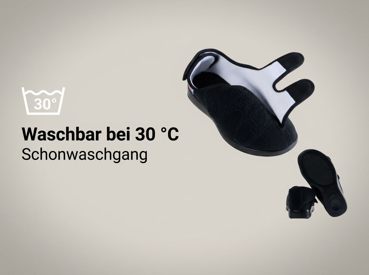 Dublin XXL Verbandschuh mit Ansicht der Sohle und Pflegehinweis 30 Grad.