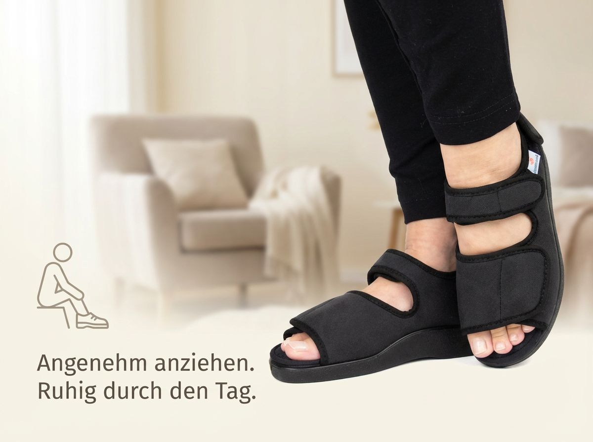 Person trägt die Lugano Therapiesandale mit Klettverschlüssen am Fuß