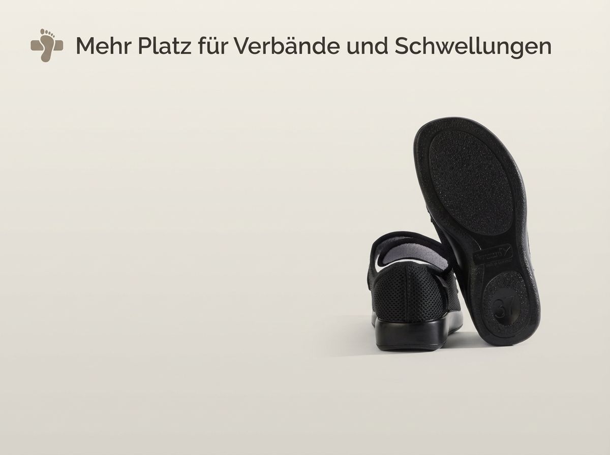 Verbandschuh Göteborg XXL mit Ansicht von hinten und der Unterseite der Laufsohle