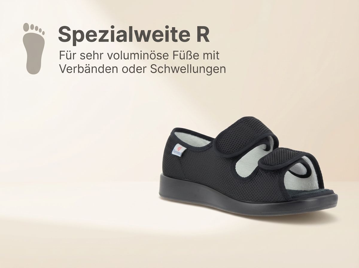 Verbandschuh Göteborg XXL in Schwarz mit offener Zehenpartie und Spezialweite R