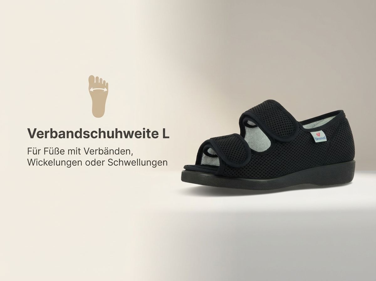 Göteborg Klettschuh Therapiesandale in Verbandschuhweite L, geöffnet mit zwei Klettverschlüssen.