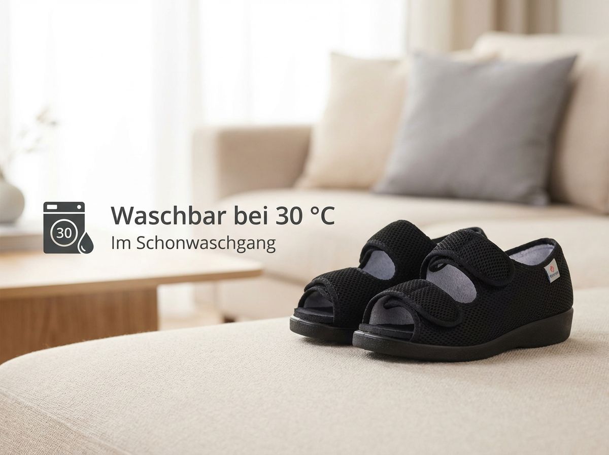 Göteborg Klettschuh als Paar auf einem Sofa platziert, waschbar bei 30 Grad Schonwaschgang.