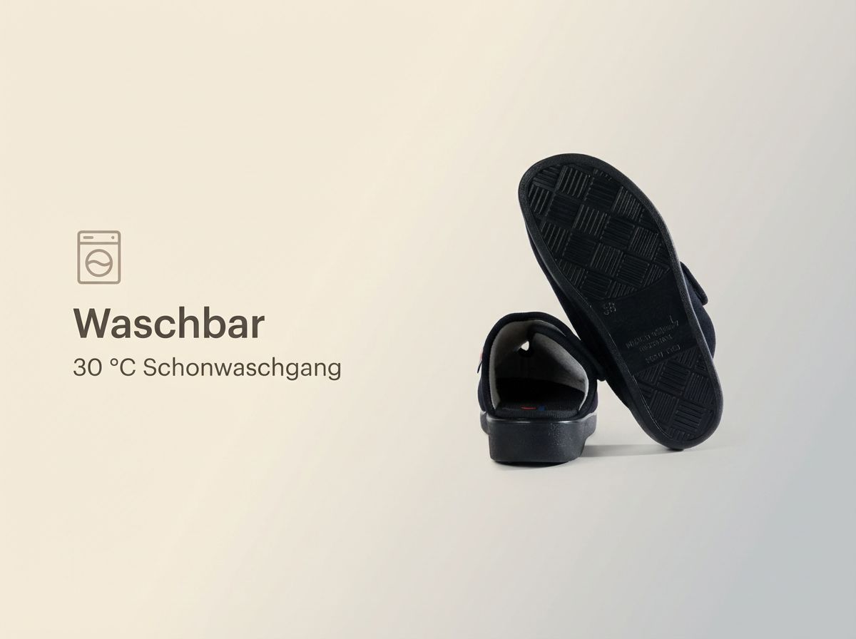 Rück- und Unteransicht des Kopenhagen Therapiespantoffels, waschbar bei 30 Grad Schonwaschgang