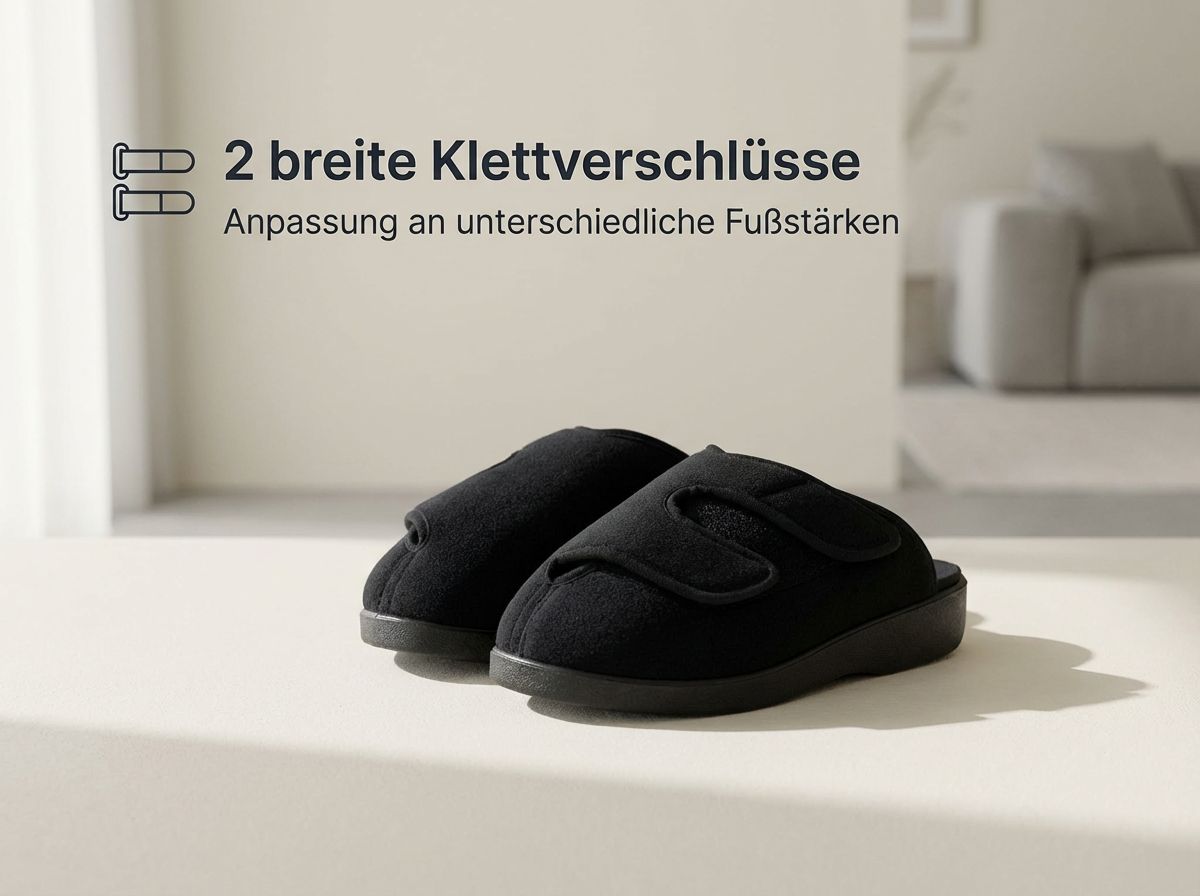Therapiespantoffel aus Klettvelours mit weicher Formgebung