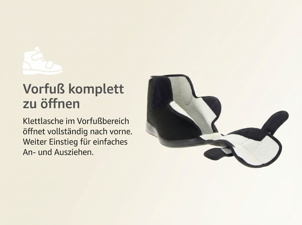 Seitliche Ansicht des schwarzen Therapieschuhs Meran XXL aus Klettvelours