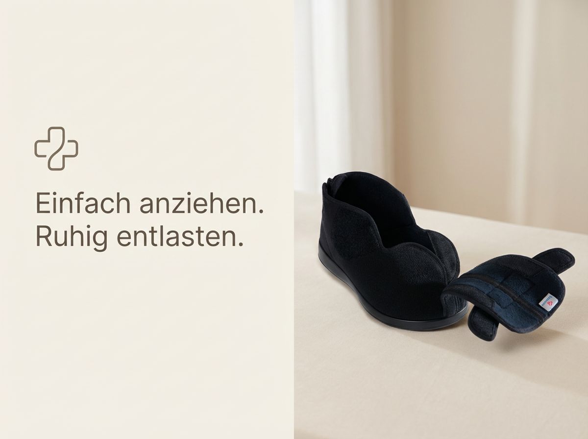 Meran Verbandschuh mit abgenommener Vorderkappe zur leichten Handhabung.
