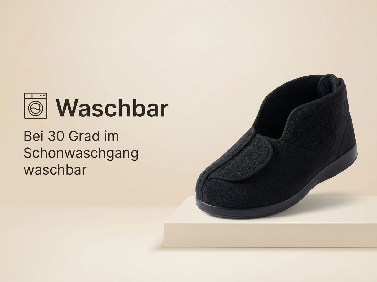 Meran Verbandschuh in schwarzer Farbe, waschbar bei 30 Grad im Schonwaschgang.