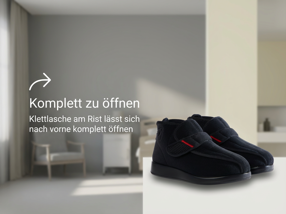 Meran Therapieschuhe mit vollständig zu öffnender Klettlasche am Rist.