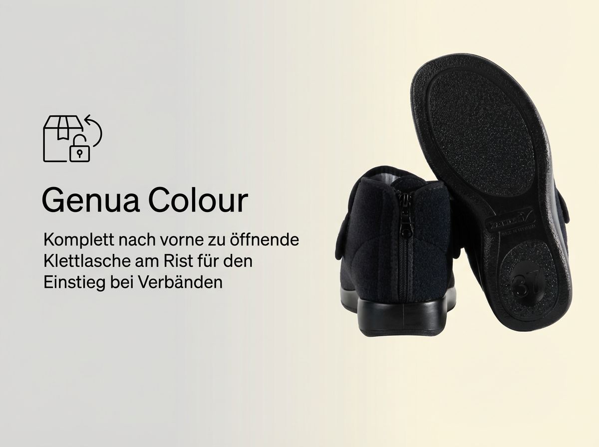 Meran Verbandschuh von hinten mit geteilter Ferse und Reißverschluss sowie profilierter Laufsohle