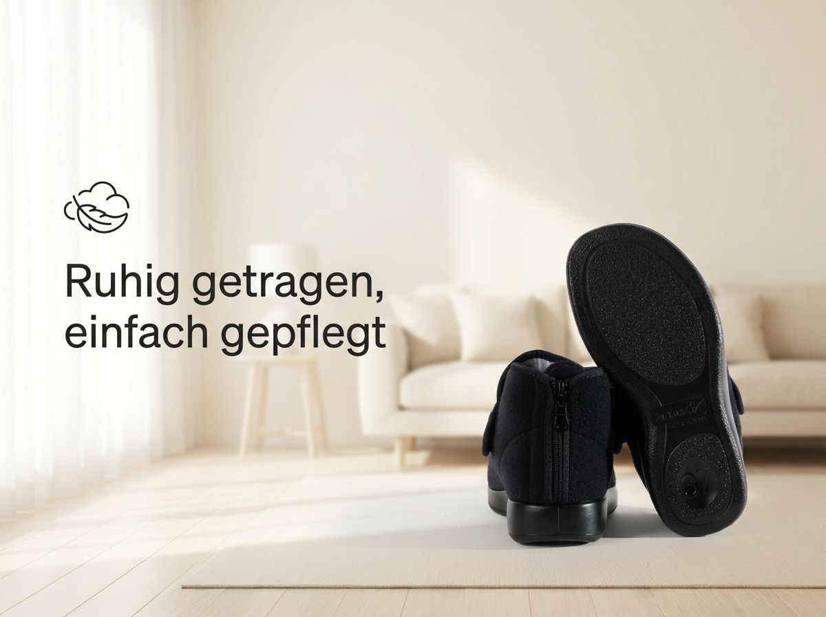 Meran Verbandschuh mit sichtbar strukturierter Laufsohle in wohnlicher Umgebung