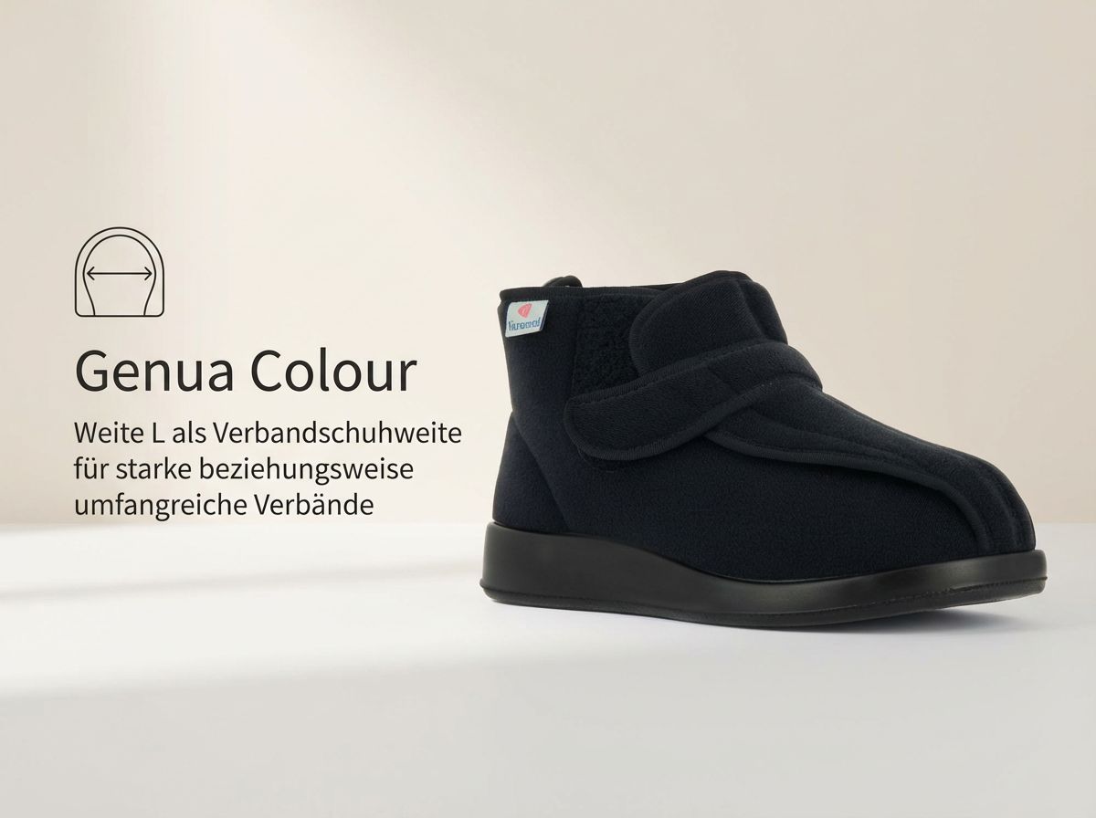 Meran Verbandschuh in seitlicher Ansicht mit Klettverschluss und hoher Weite L