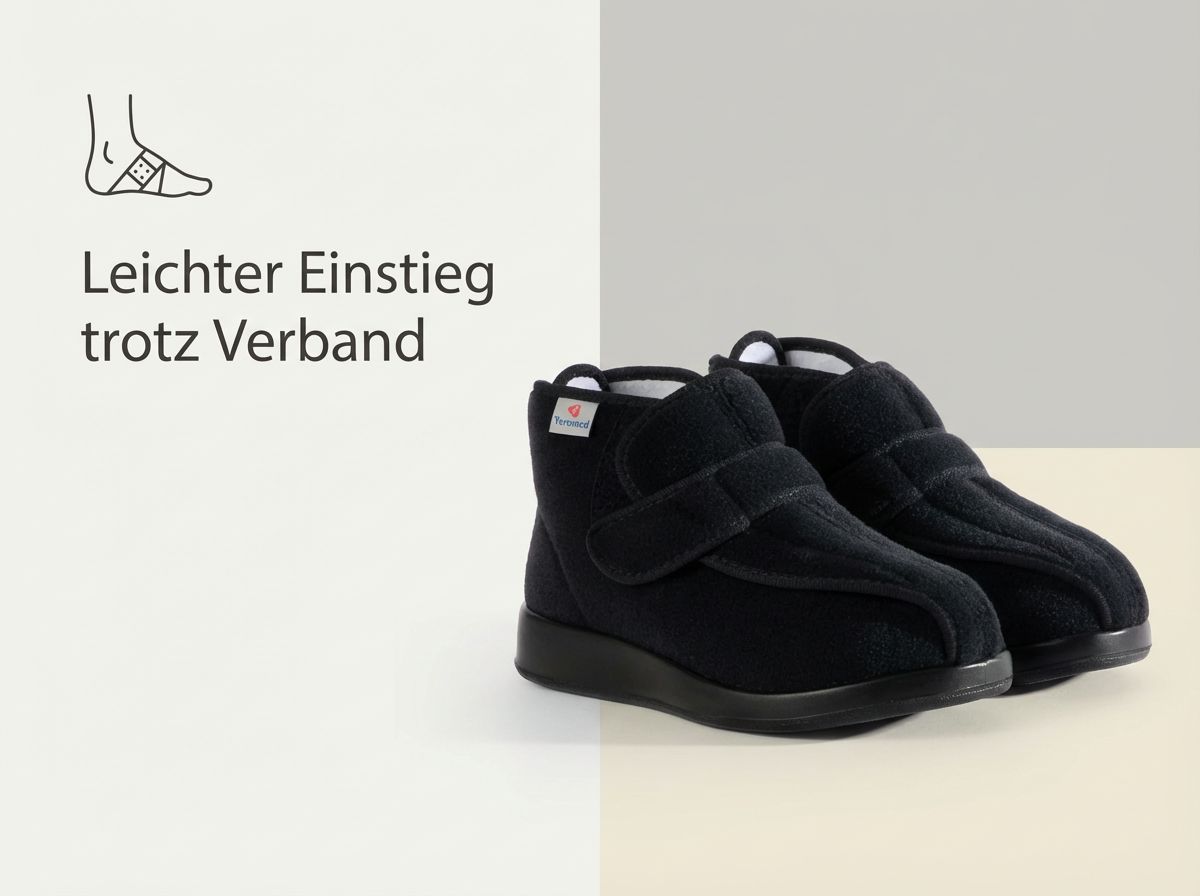 Meran Verbandschuh als Paar mit weit öffnender Klettlasche am Rist