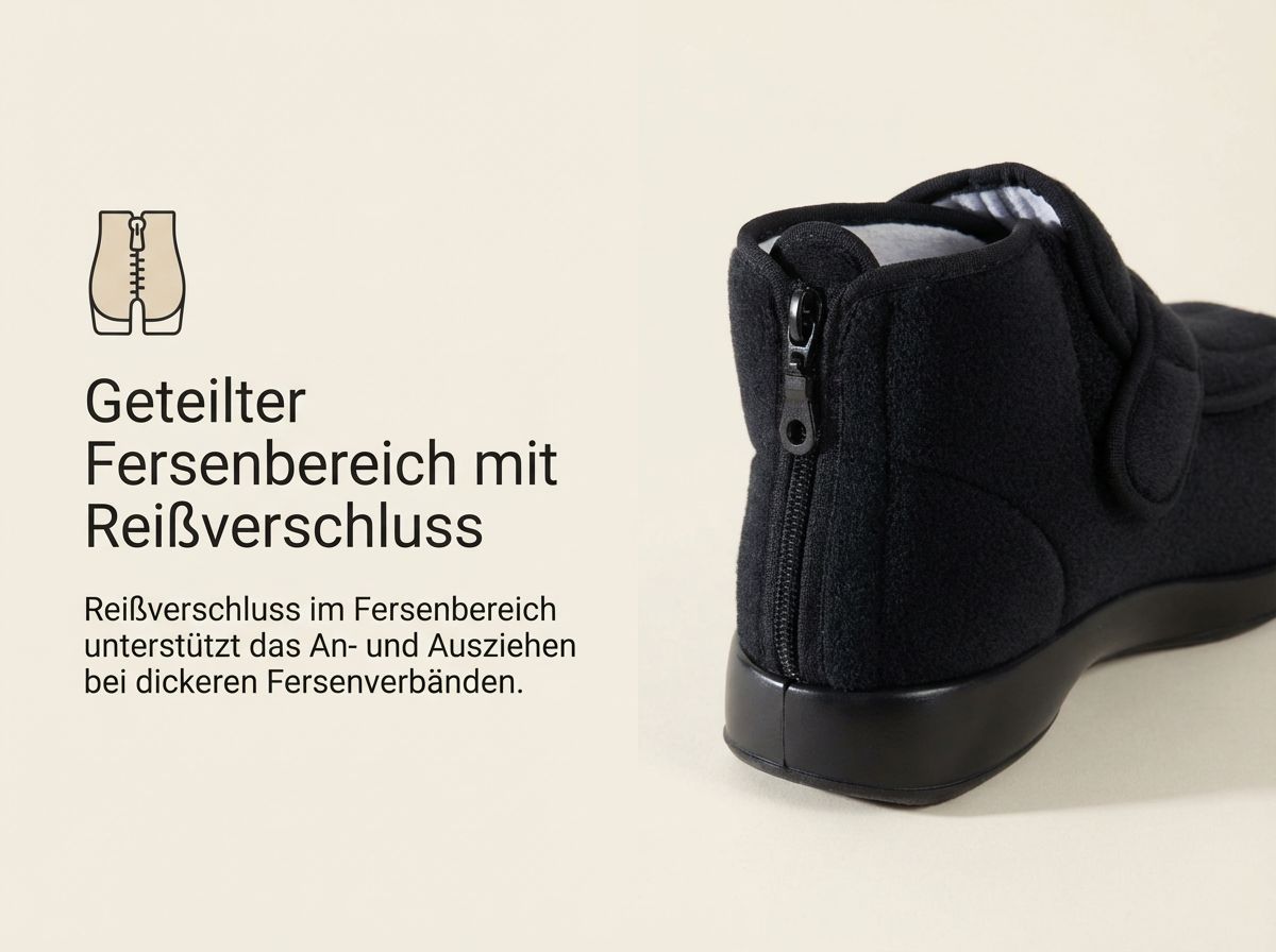 Meran Verbandschuh im Detail mit Reißverschluss im Fersenbereich