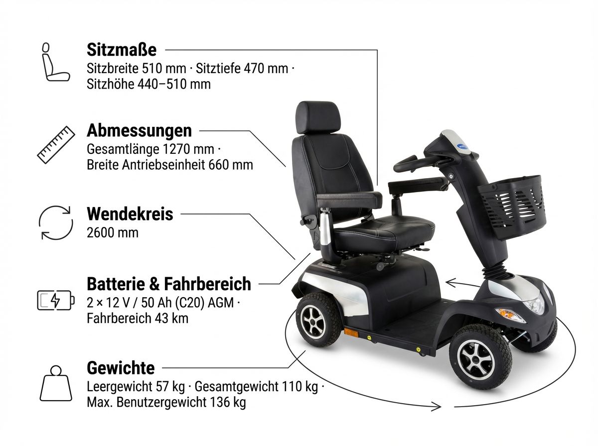 Invacare Orion Metro Elektromobil mit Sitz und Steuerung, seitliche Nahansicht