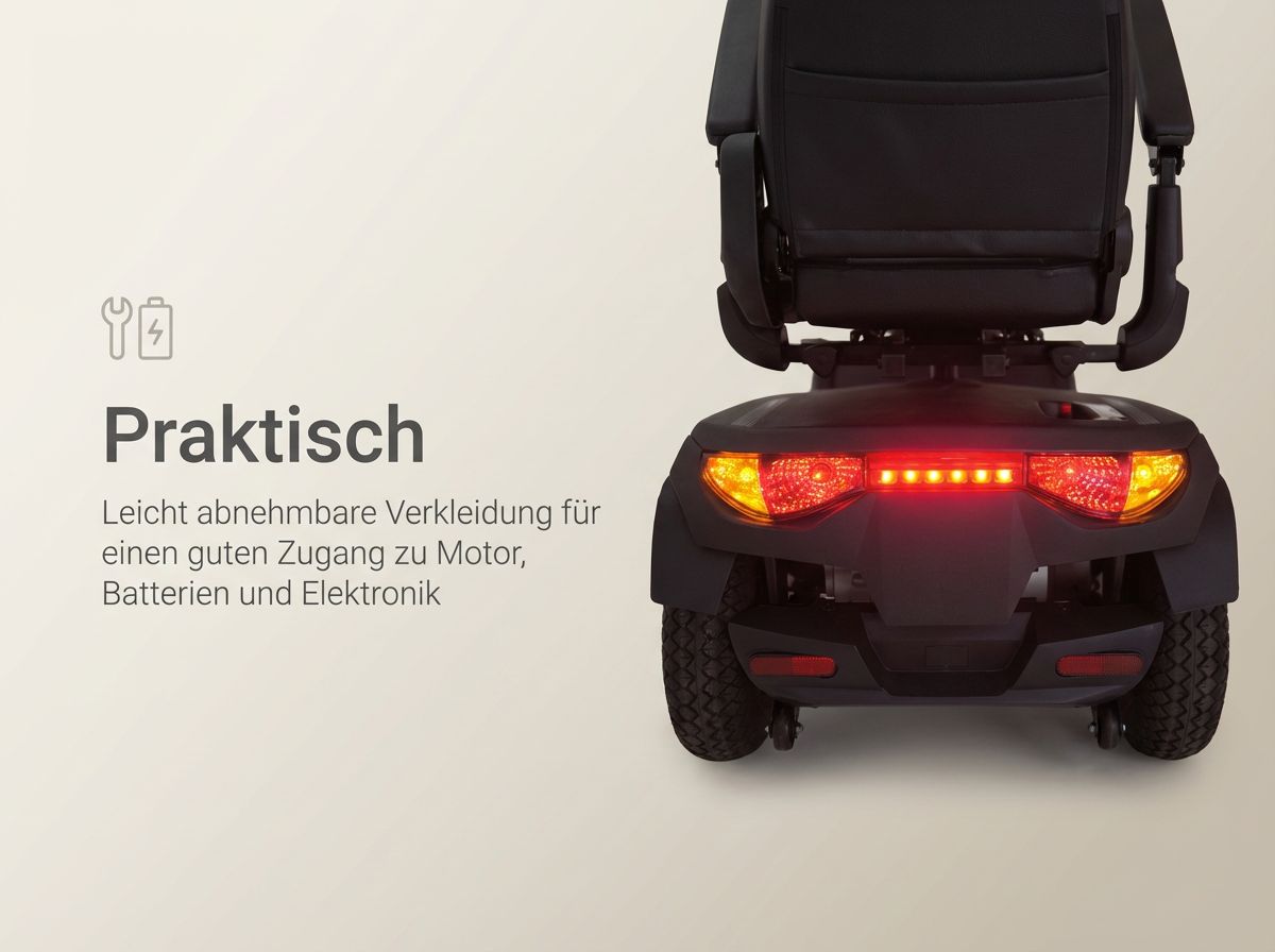 Invacare Orion Metro Elektromobil Rückansicht mit leuchtender Heckbeleuchtung
