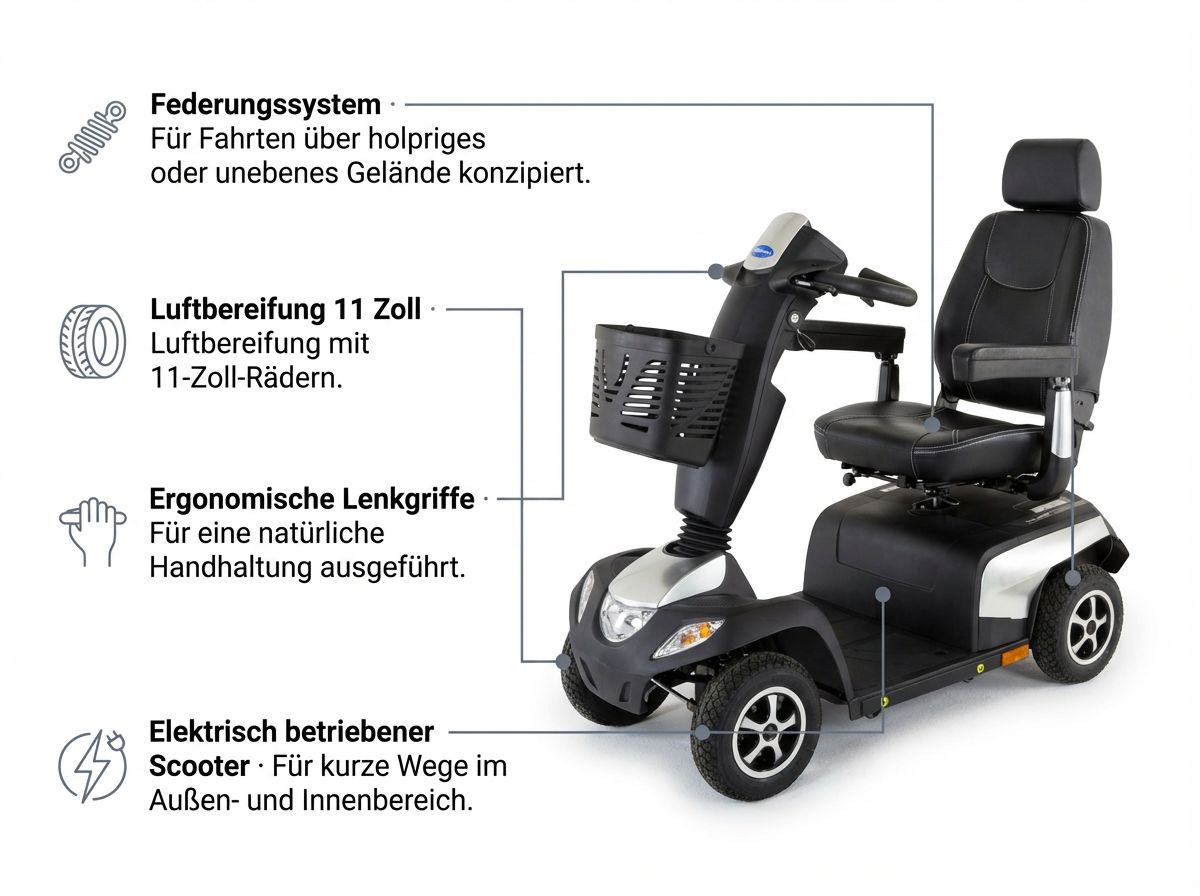 Invacare Orion Metro Elektromobil mit markierten Funktionen wie Federung, Bereifung und Lenkgriffe