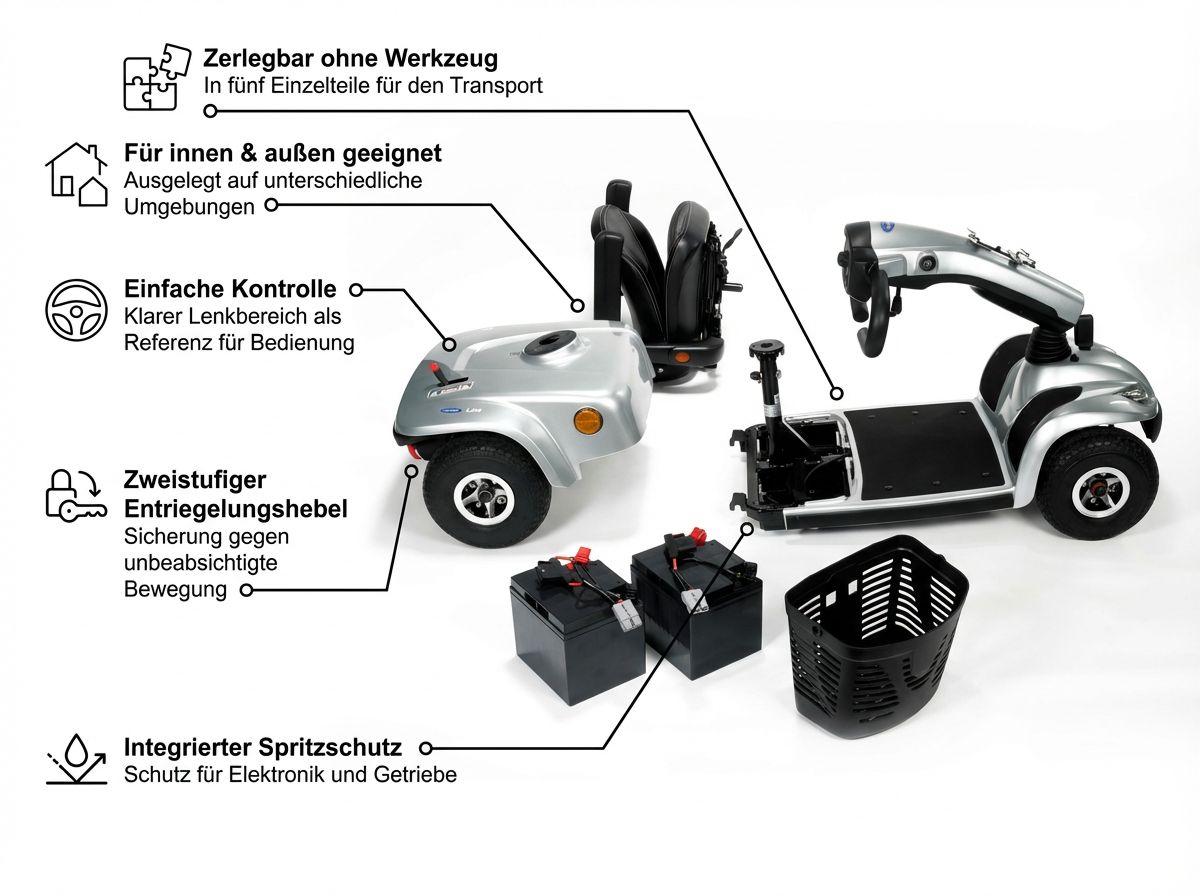Invacare Leo Elektromobil zerlegt in fünf Einzelteile mit Batterien und Korb