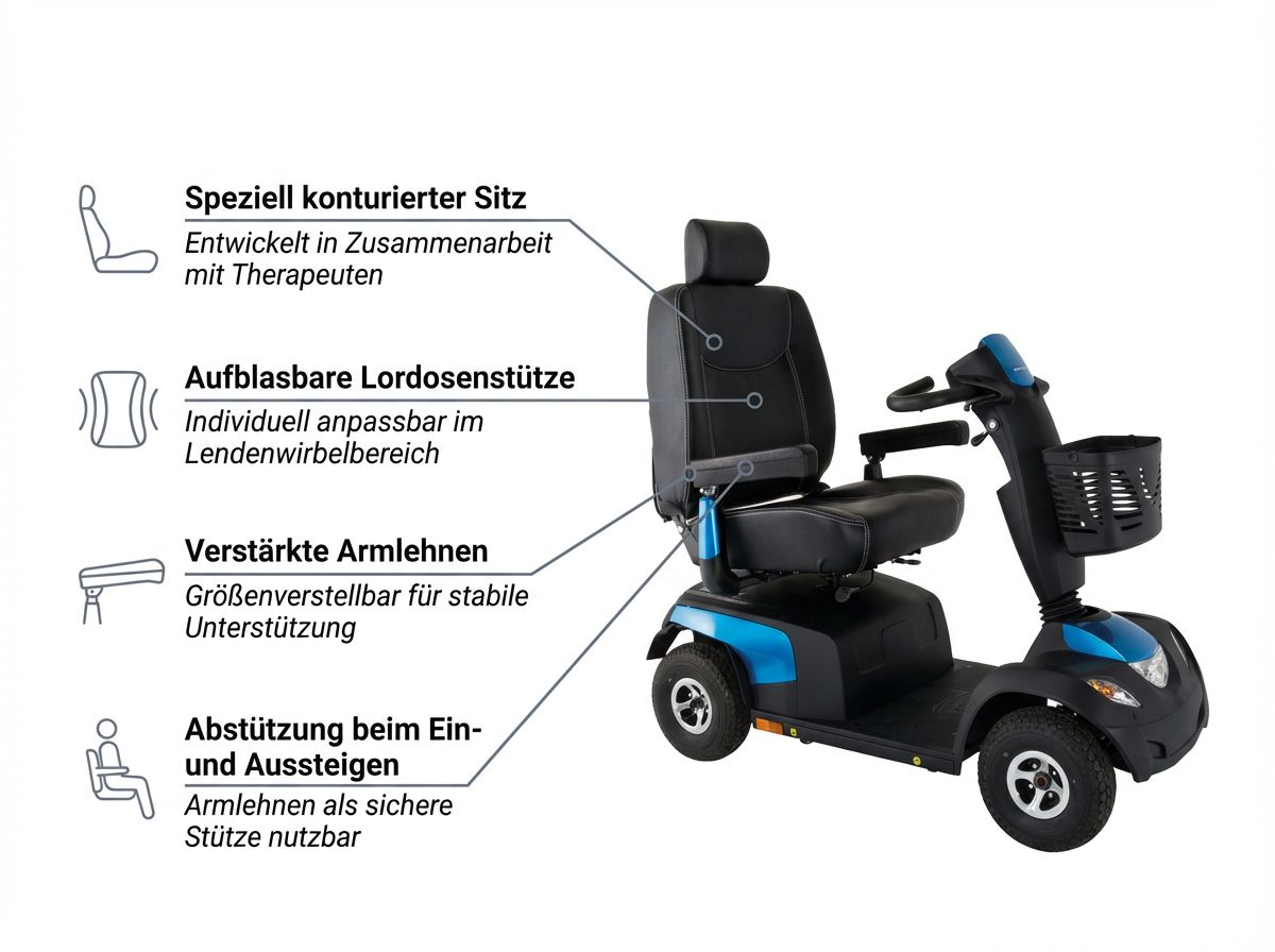 Ergonomischer Sitz mit verstellbaren Armlehnen und Lordosenstütze des Comet Ultra